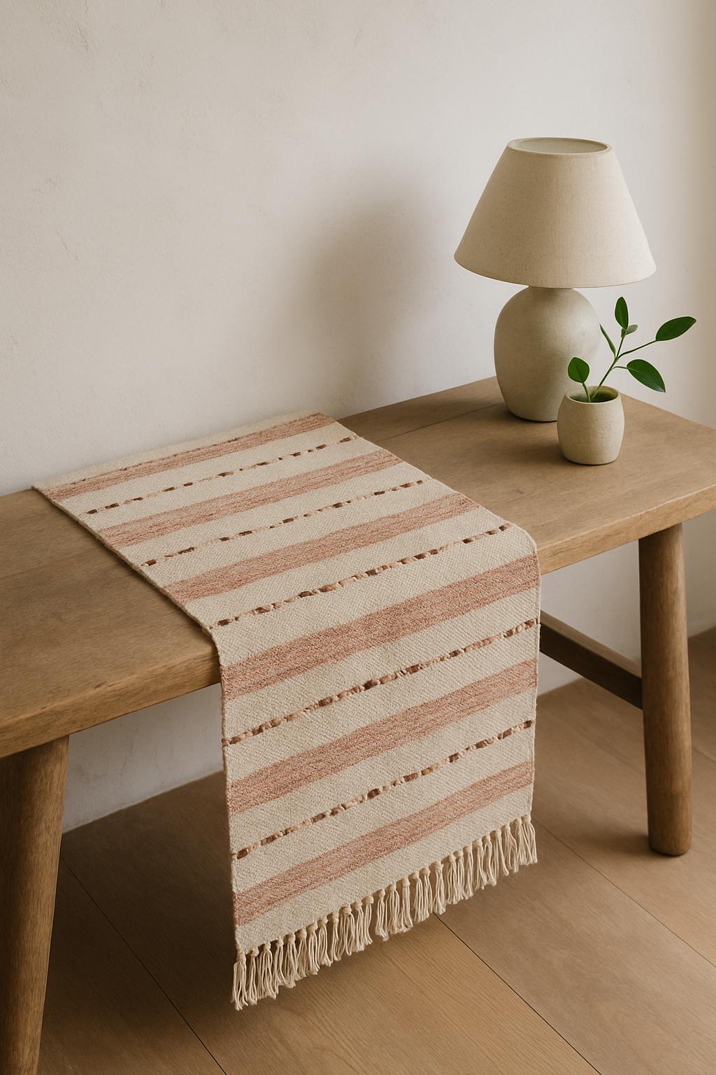 Handwoven Swedish Table Runner: Scandi Boho Pastel Decor Rug on wooden bench with lamp and small plant nearby