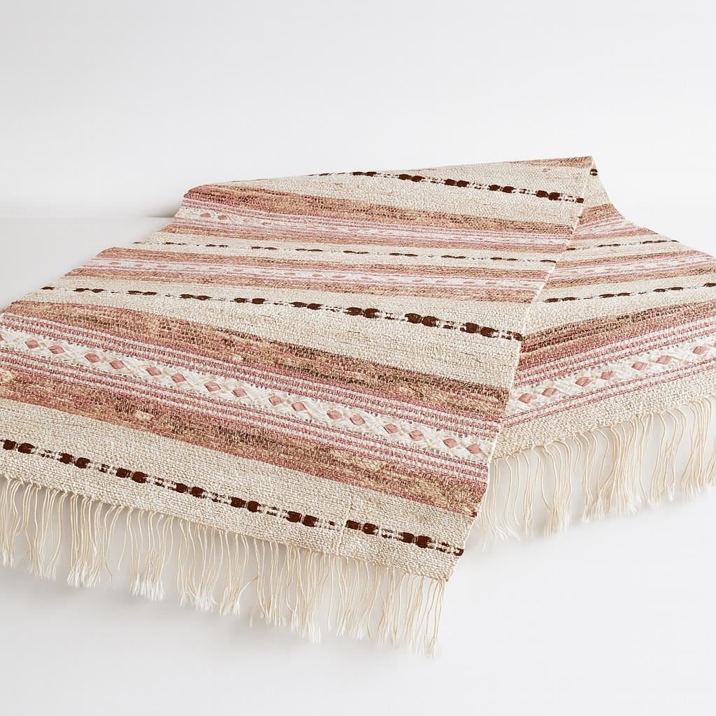 Handwoven Swedish Table Runner: Scandi Boho Pastel Decor Rug with fringed edges and soft pink, beige stripes