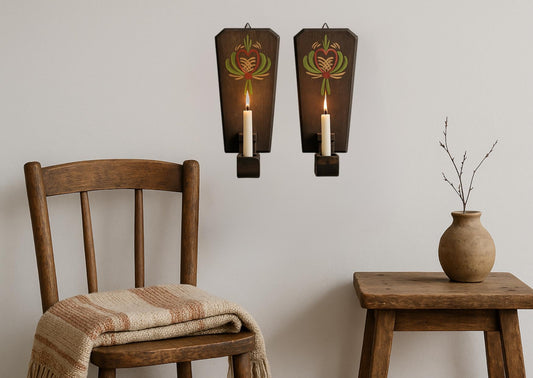Vintage Hand-Painted Swedish Candle Sconces: Rustic Nordic Folk Art Pair