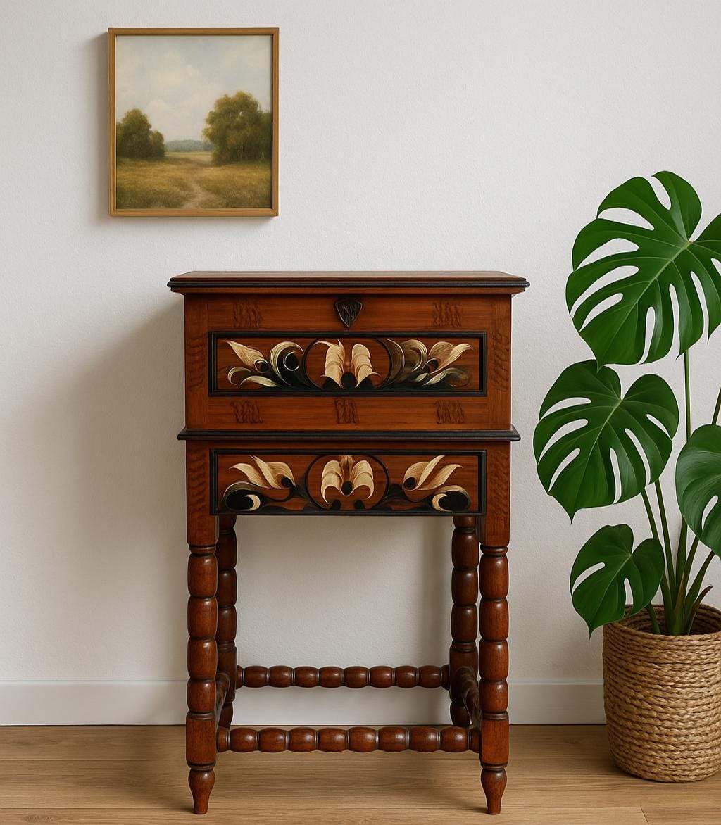 Vintage Kurbitsmaleri Sewing Chest: Swedish Dalarna Folk Art, 1944