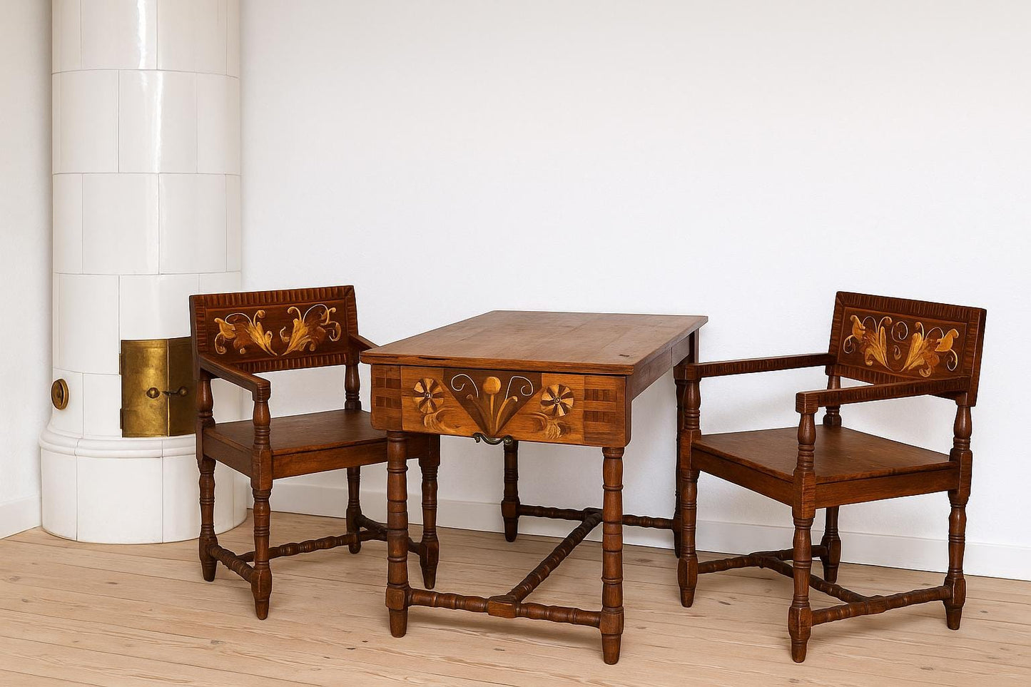 Antique Swedish Drop-Leaf Dining Set: Hand-Painted Kurbits Folk Art, Circa 1900