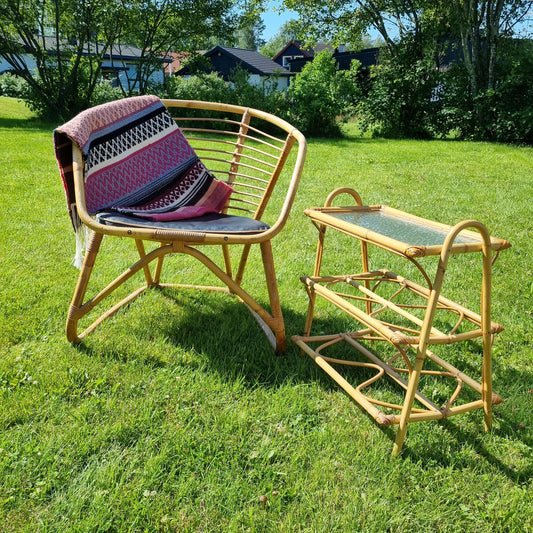 Vintage Bamboo & Rattan Lounge Set – Rare 1950s Scandinavian Patio Chair - Side Table – Rohe Noordwolde Style –Mid-Century Modern Boho Decor