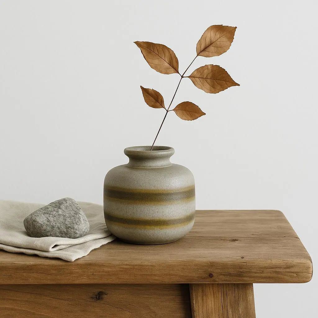 Toreboda Swedish Stoneware Vase – Handcrafted Stengods, Mid-Century with dried leaves on wooden table and stone decor.