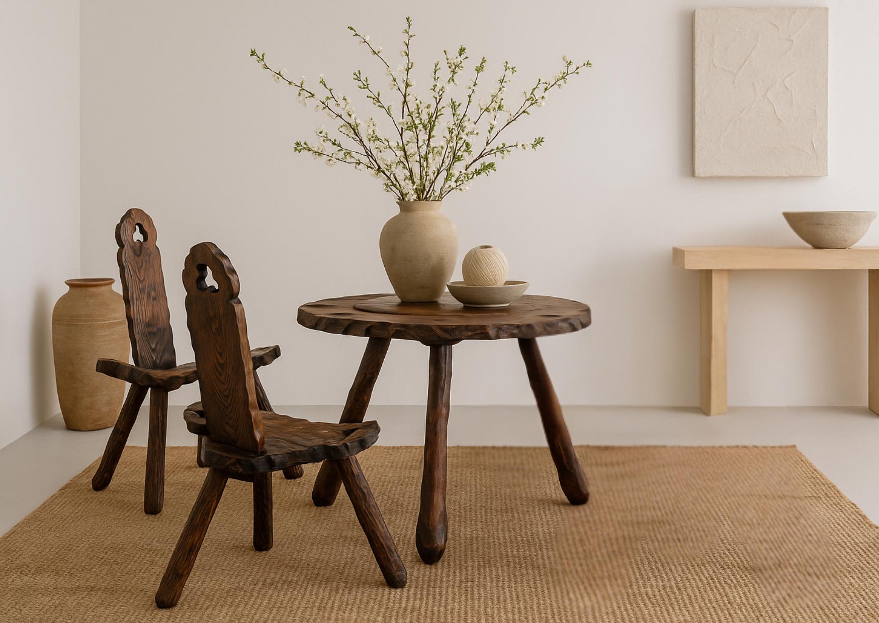 Rustic Wood Chair & Table - Sculptural Seating with a Folk Art Twist featuring a dark wood set with ceramic vases on a woven rug