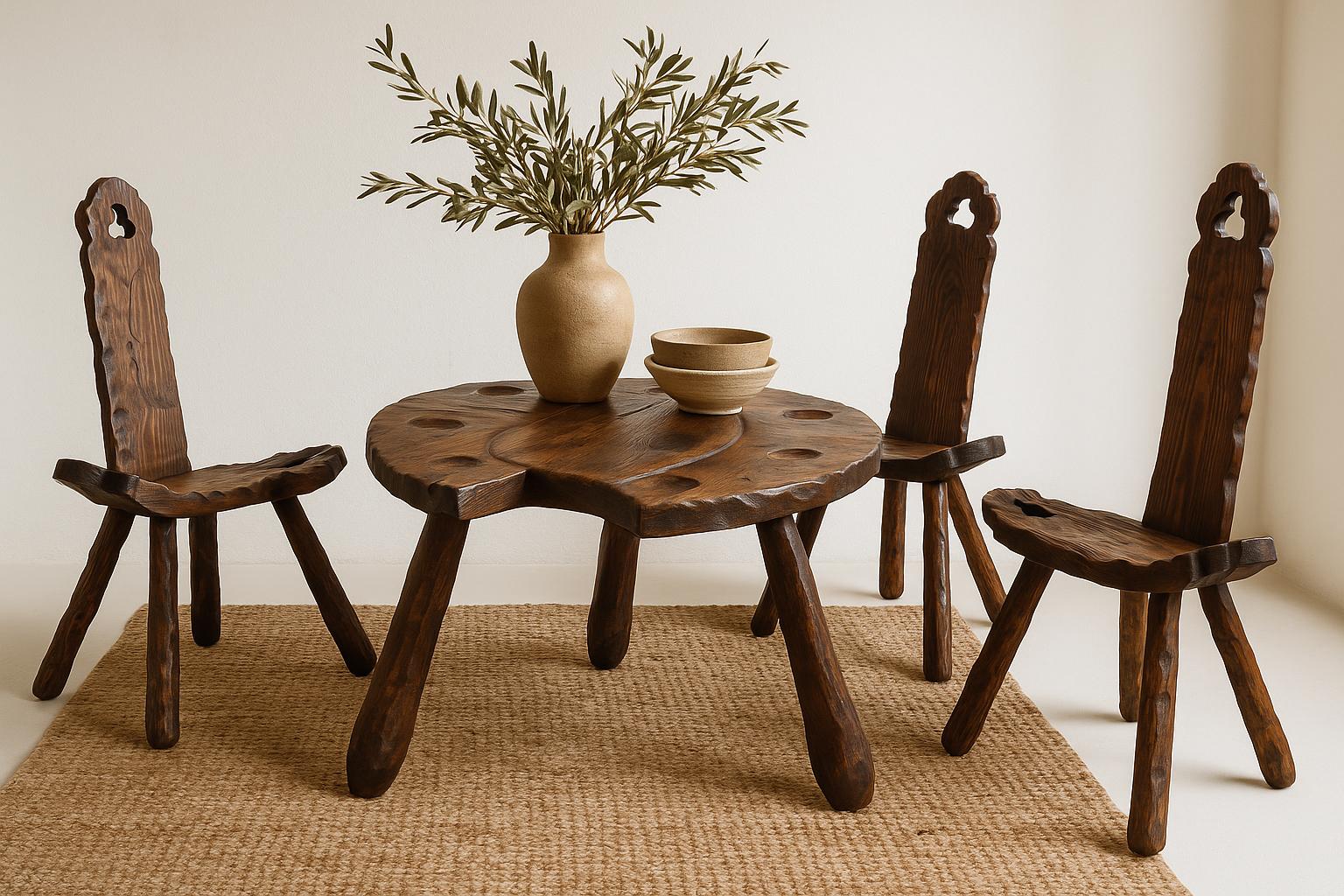 Rustic Wood Chair & Table - Sculptural Seating with a Folk Art Twist featuring carved wood and earthy ceramics on woven rug