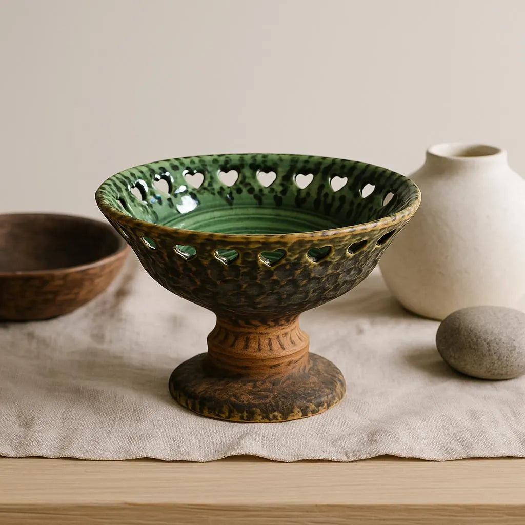 Mid Century Modern Green Ceramic Bowl: Tolla Keramik Heart Cutout Candle Holder with vintage Scandinavian decor style