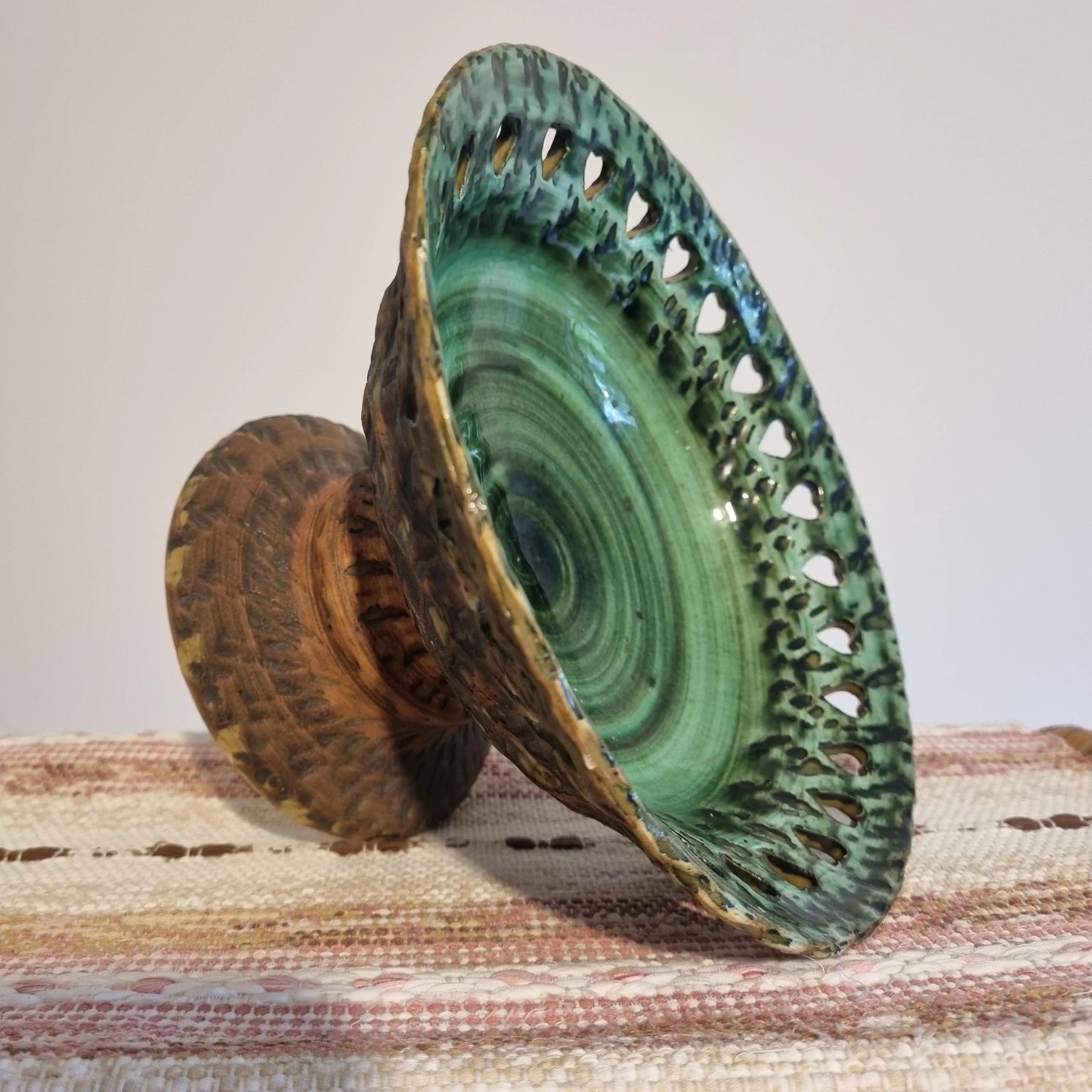 Mid Century Modern Green Ceramic Bowl: Tolla Keramik Heart Cutout Candle Holder with intricate heart cutout design and textured base