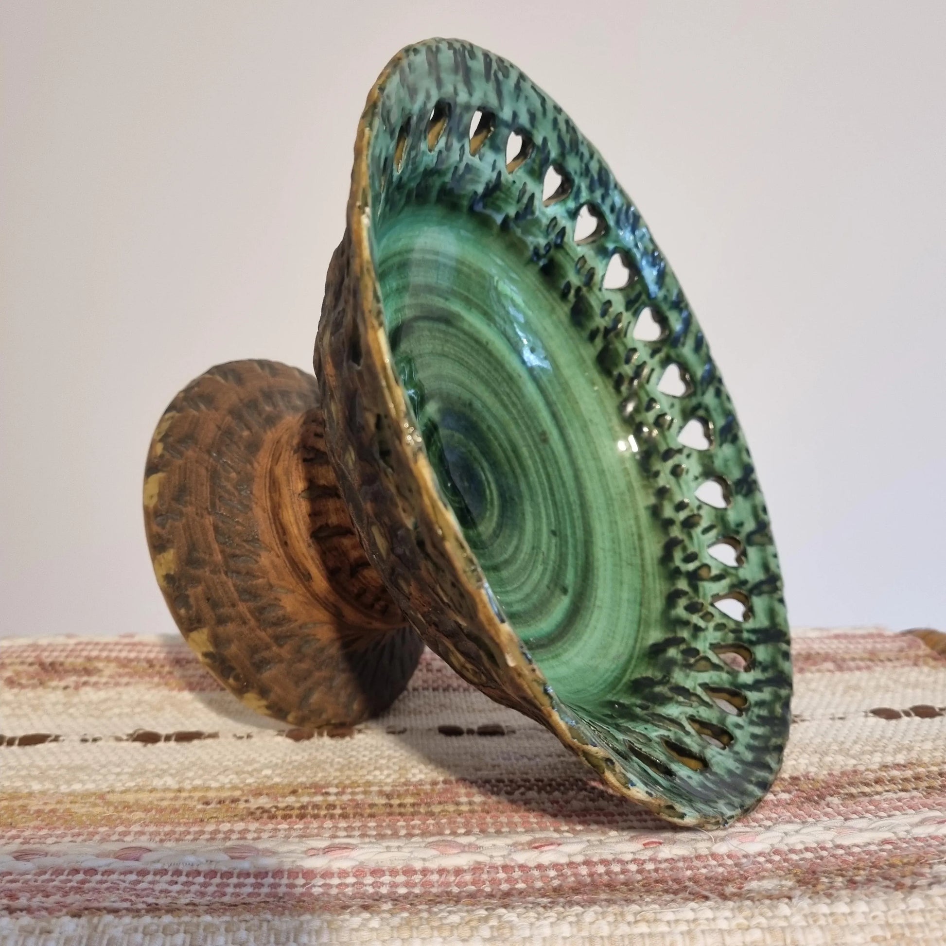 Mid Century Modern Green Ceramic Bowl: Tolla Keramik Heart Cutout Candle Holder with intricate heart cutout design and textured base