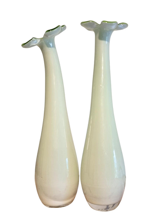 Pair of handblown Handblown Swedish Glass Bud Vases: Pale Green Floral Scandinavian Decor with elegant pale green tops