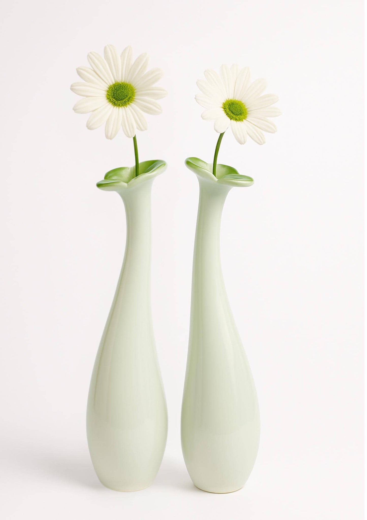 Handblown Swedish Glass Bud Vases: Pale Green Floral Scandinavian Decor with white daisies inside two vases