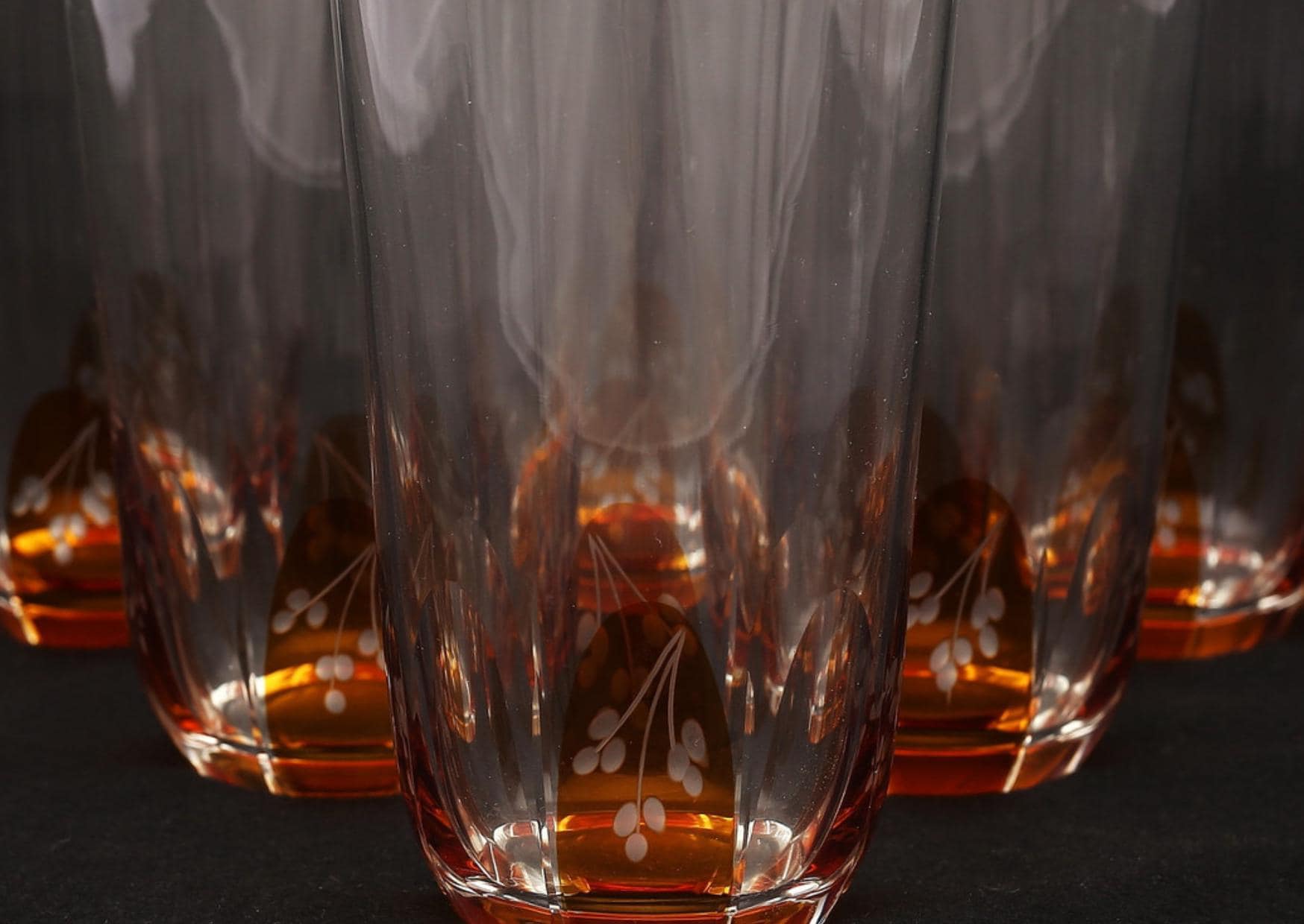Vintage Hovmantorp Amber Crystal Tumblers - Set of 6 Etched Floral Mid-Century Barware with amber bases and delicate floral designs