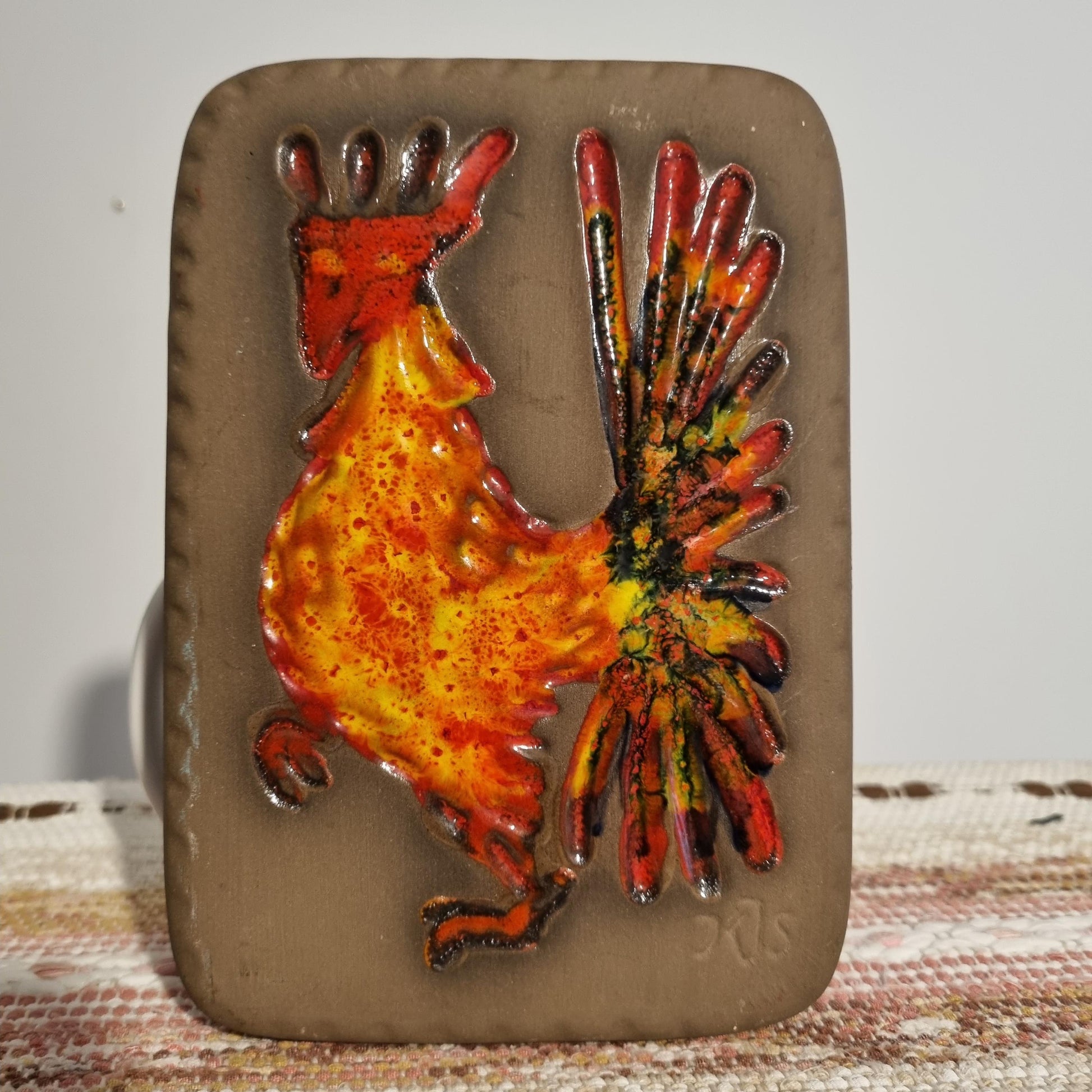 Vintage Swedish Ceramic Wall Plaque: Hälsingborg Deco Fiery Rooster, 1960s Scandinavian Pottery featuring bright orange rooster design on brown background
