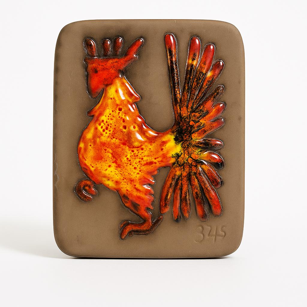 Vintage Swedish Ceramic Wall Plaque: Hälsingborg Deco Fiery Rooster, 1960s Scandinavian Pottery vibrant mid-century wall art panel