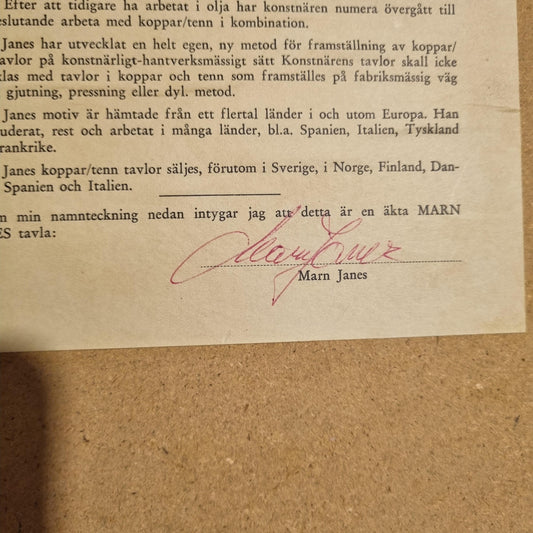 Certificate of authenticity signed by Marn Janes for Signed Copper & Pewter Floral Relief Panel - Mid Century Modernist Wall Art