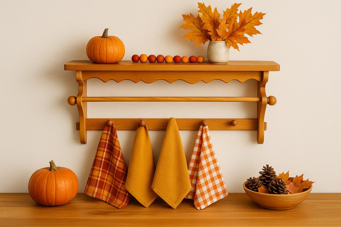 Rustic Pine Wall Shelf with Peg Hooks & Towel Bar: Farmhouse Kitchen Organizer