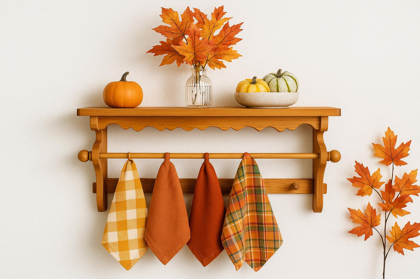 Rustic Pine Wall Shelf with Peg Hooks & Towel Bar: Farmhouse Kitchen Organizer