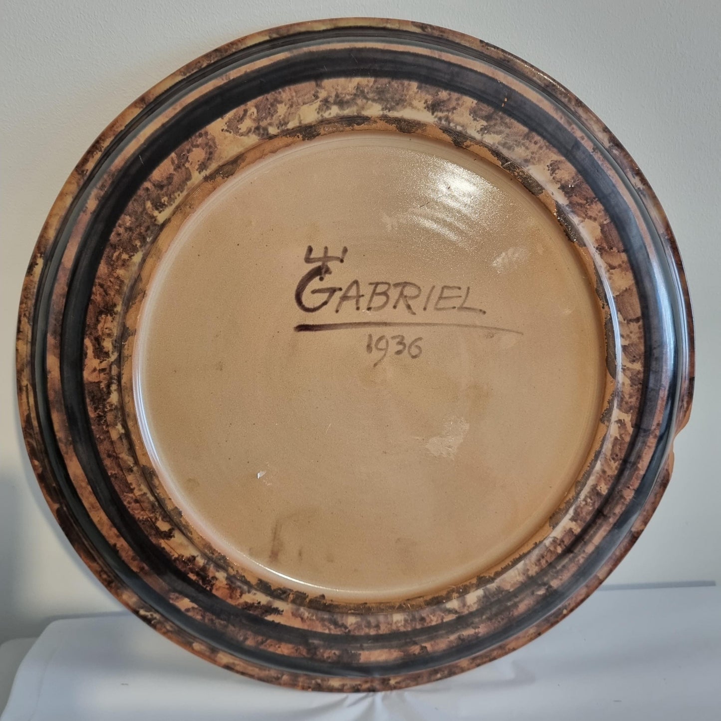 Vintage Swedish Gabriel Keramik Wall Plaque “1936” – Abstract Green & Brown Relief Design with signature and date on back