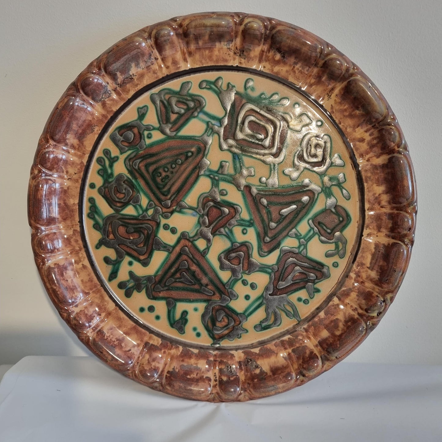 Vintage Swedish Gabriel Keramik Wall Plaque “1936” – Abstract Green & Brown Relief Design with textured ceramic surface