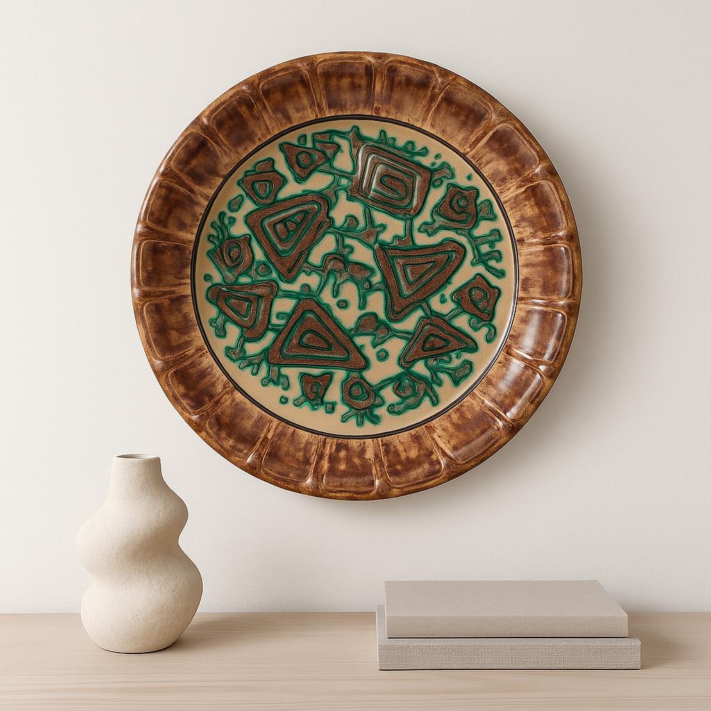 Vintage Swedish Gabriel Keramik Wall Plaque “1936” – Abstract Green & Brown Relief Design display in minimalist room decor