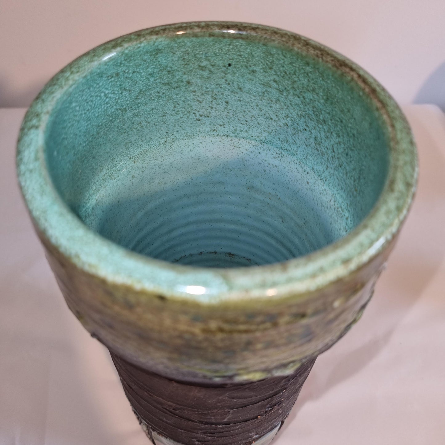 Vintage Brutalist Ceramic Vase – Mid Century Modern Studio Pottery with Textured Glaze in muted blue and earthy brown tones