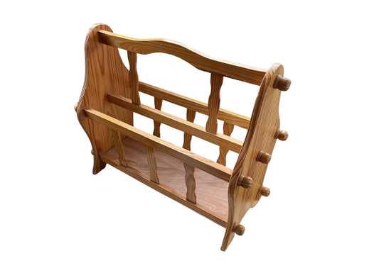 Vintage Pine Wood Magazine Holder: Scandinavian Rustic Book & Record Rack
