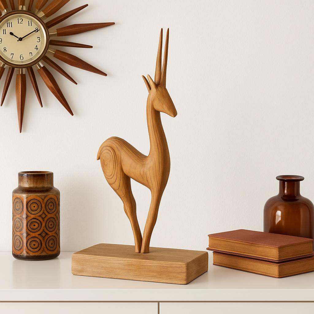 Hand Carved Wooden Antelope: Vintage Scandinavian Gazelle Figurine displayed with mid-century modern decor elements.