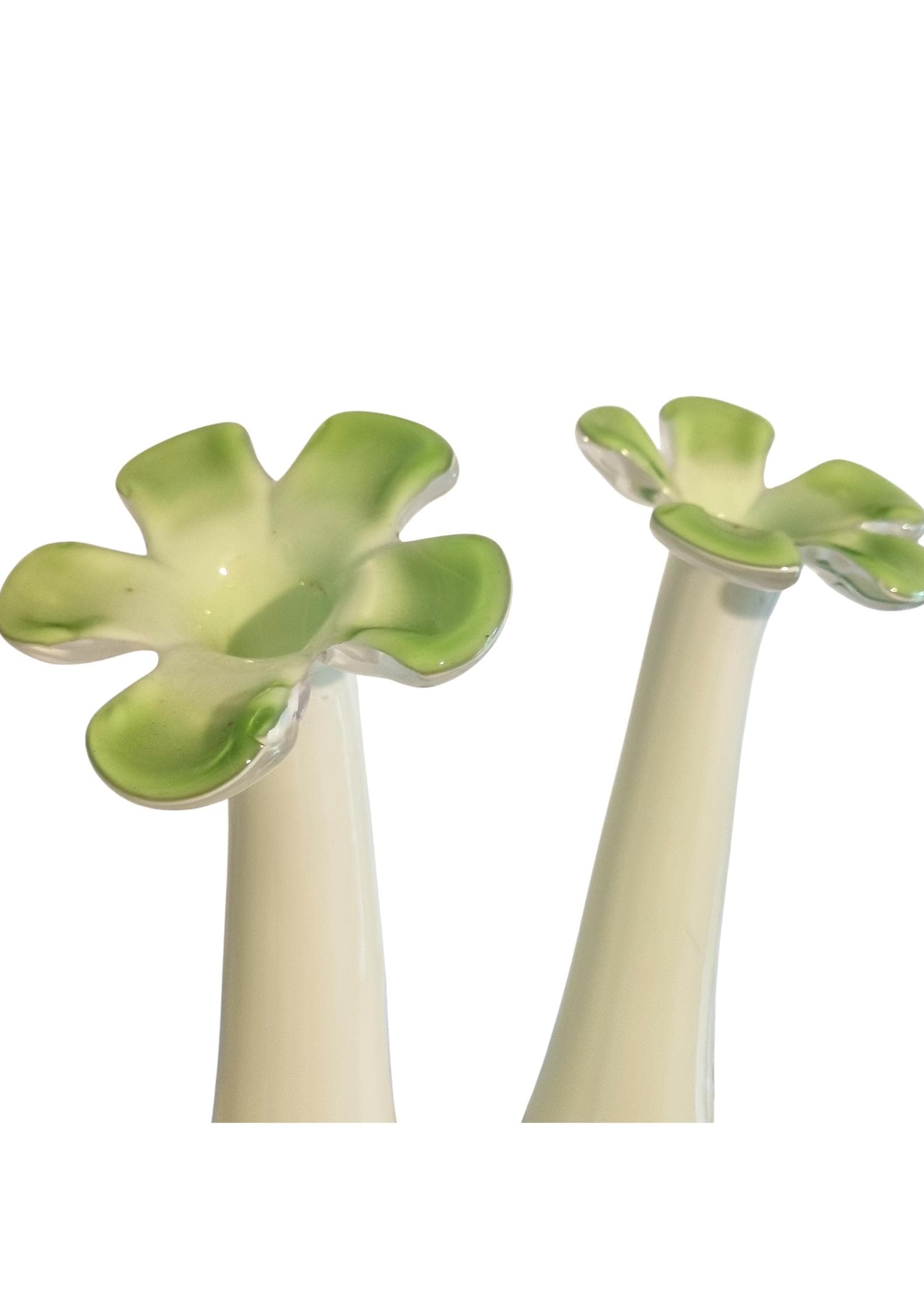 Handblown Swedish Glass Bud Vases: Pale Green Floral Scandinavian Decor with elegant curved petals in soft colors
