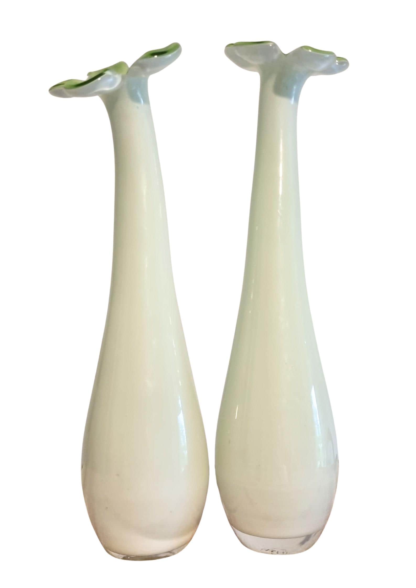 Pair of elegant Handblown Swedish Glass Bud Vases: Pale Green Floral Scandinavian Decor with flared tops and smooth finish