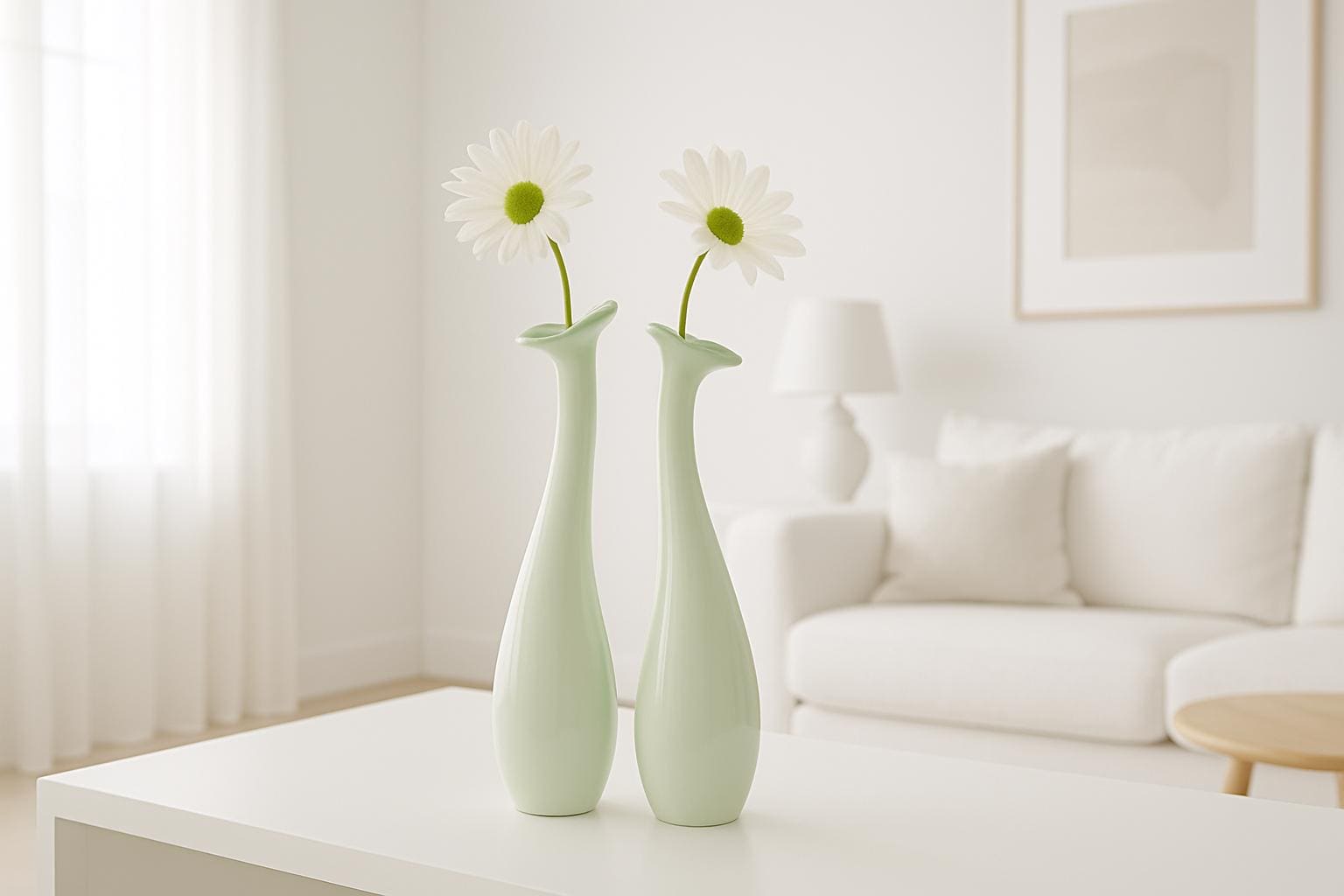 Handblown Swedish Glass Bud Vases: Pale Green Floral Scandinavian Decor with white daisies in bright minimalist living room