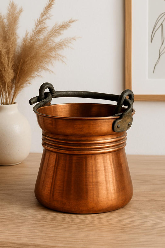 Antique Copper Bucket: Rustic Farmhouse Cauldron with Iron Handle