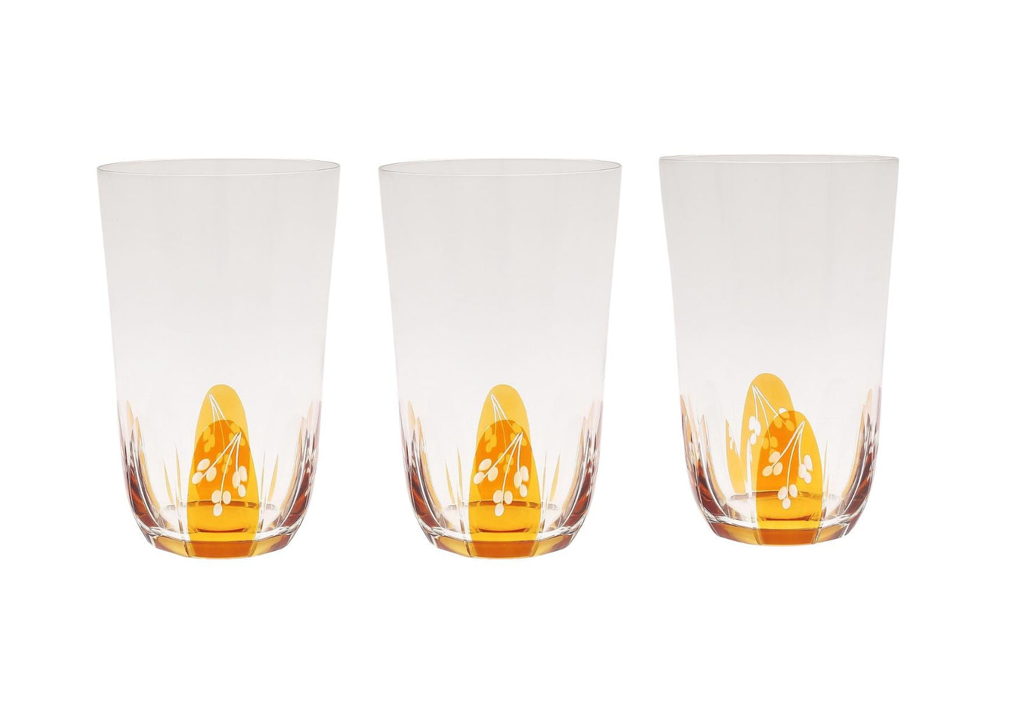 Vintage Hovmantorp Amber Crystal Tumblers - Set of 6 Etched Floral Mid-Century Barware showing three clear glasses with amber bases and floral etching