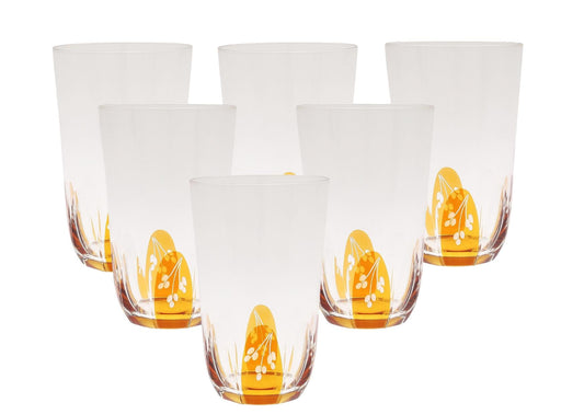 Vintage Hovmantorp Amber Crystal Tumblers - Set of 6 Etched Floral Mid-Century Barware with amber floral patterns