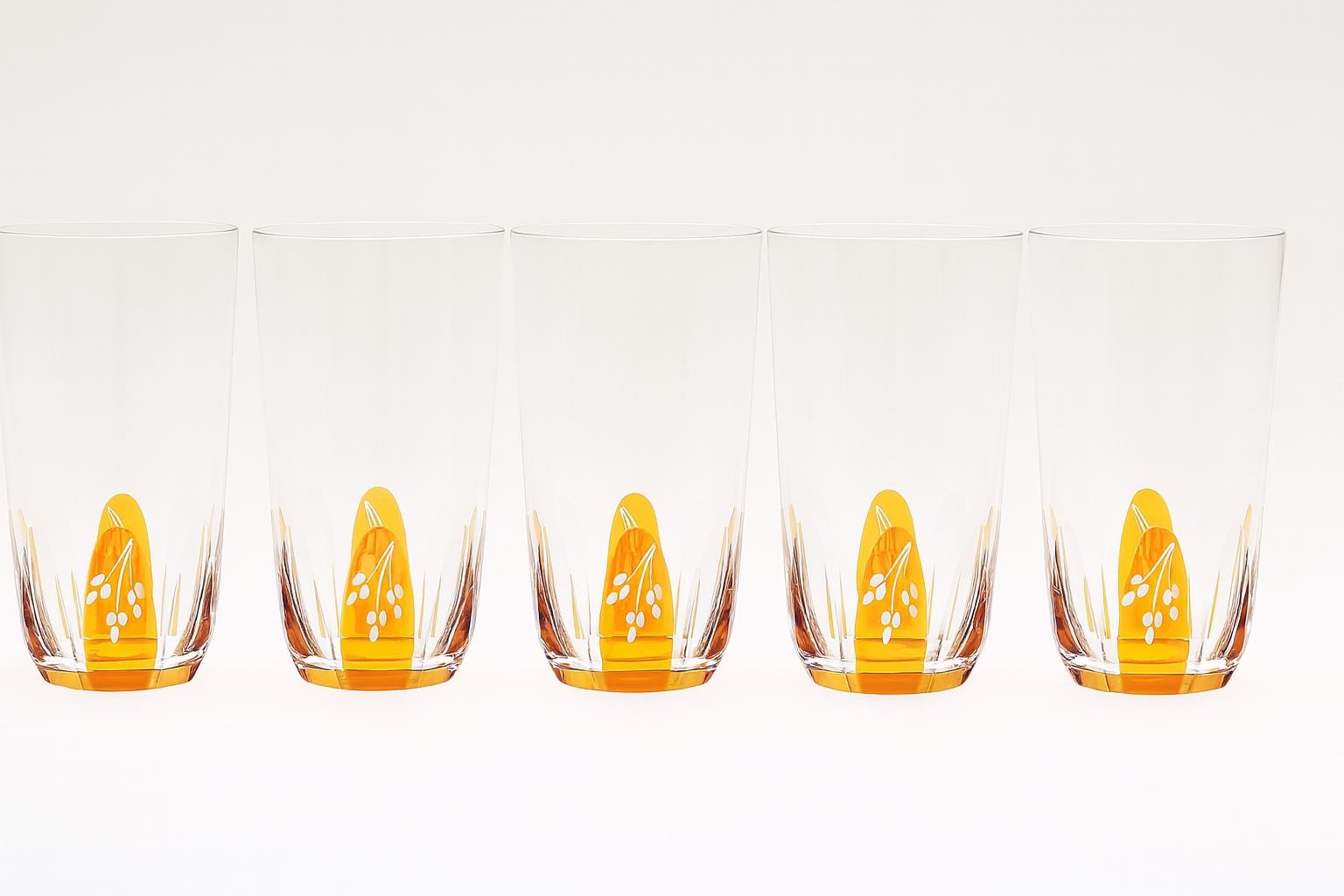 Vintage Hovmantorp Amber Crystal Tumblers - Set of 6 Etched Floral Mid-Century Barware featuring amber accents and delicate flower etching.