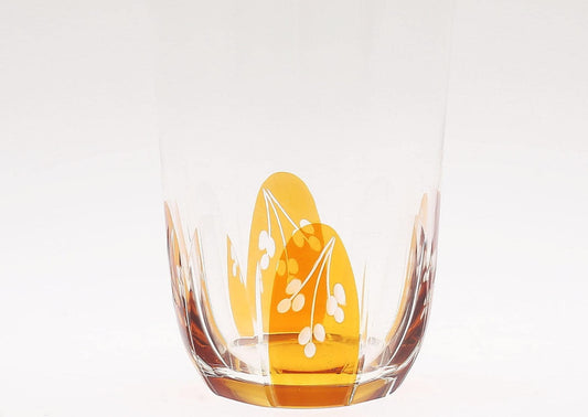 Vintage Hovmantorp Amber Crystal Tumblers - Set of 6 Etched Floral Mid-Century Barware with amber and white floral design