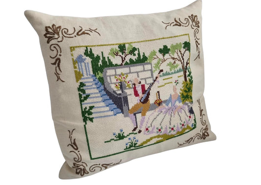 Vintage Hand Embroidered Needlepoint Pillow: Romantic Garden Scene with floral and bird design on cream fabric