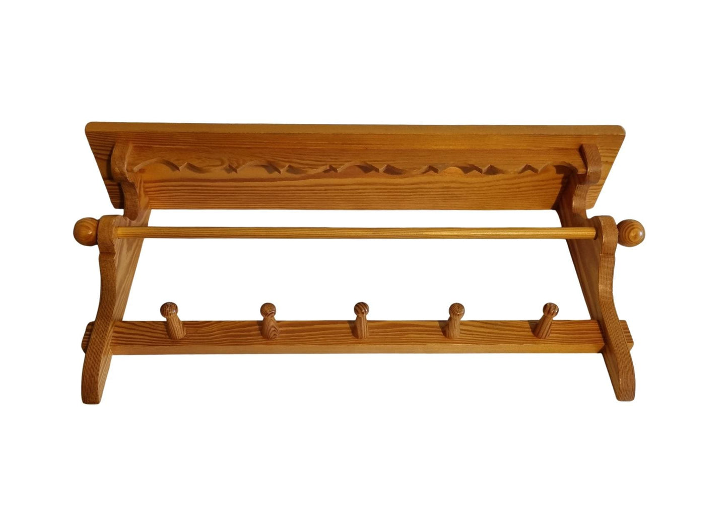 Rustic Pine Wall Shelf with Peg Hooks & Towel Bar: Farmhouse Kitchen Organizer