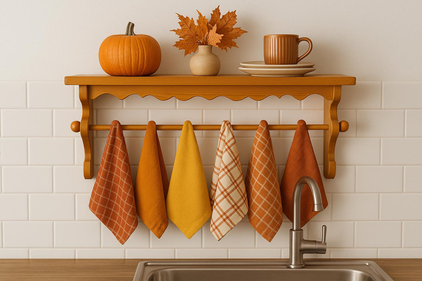 Rustic Pine Wall Shelf with Peg Hooks & Towel Bar: Farmhouse Kitchen Organizer