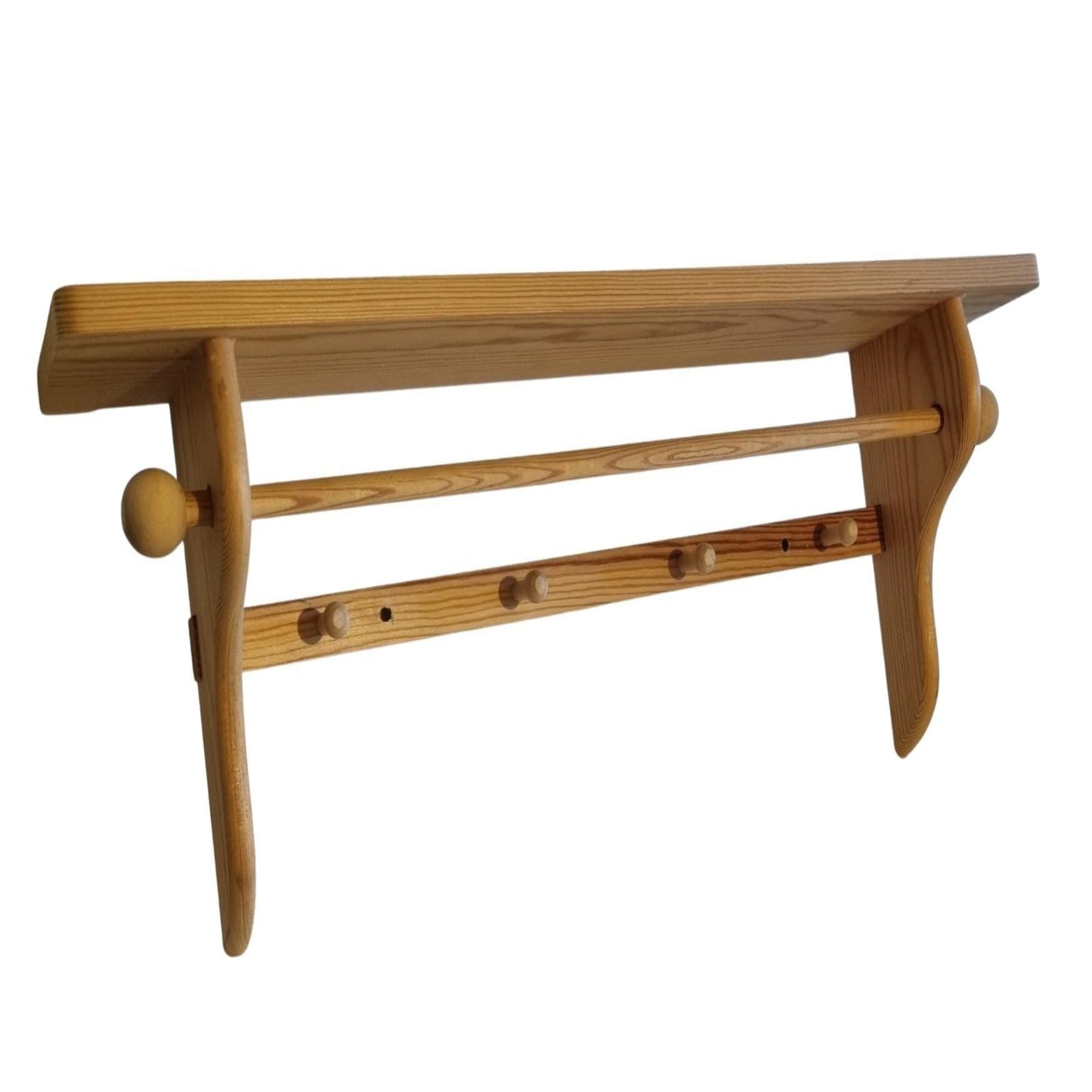 Rustic Pine Wall Shelf with Peg Hooks & Towel Bar - Farmhouse Kitchen Organizer