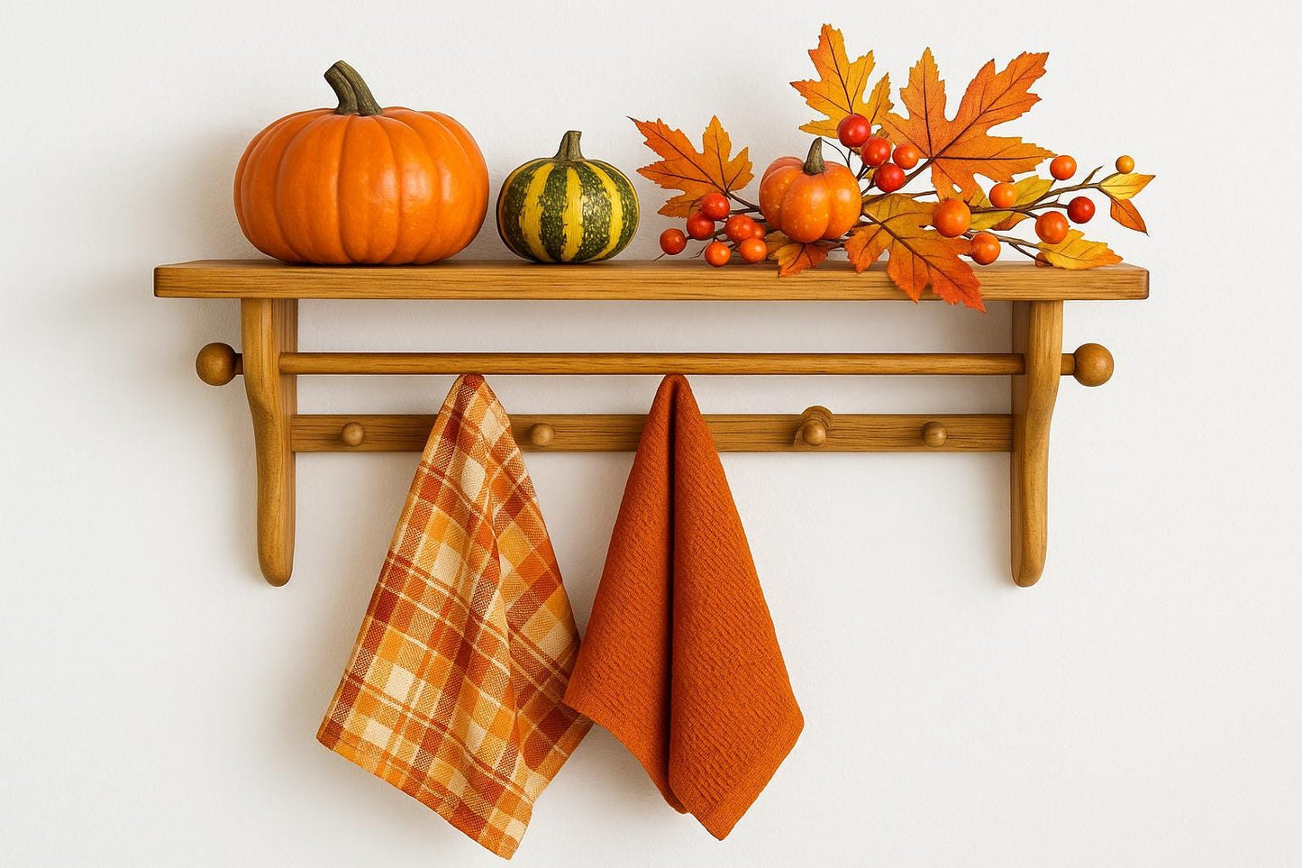 Rustic Pine Wall Shelf with Peg Hooks & Towel Bar - Farmhouse Kitchen Organizer