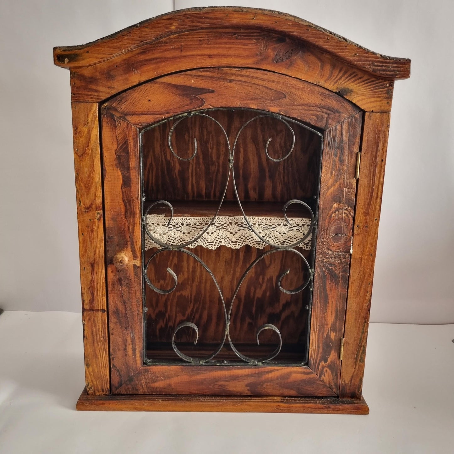 Antique Rustic Wood Wall Cabinet with Iron Door: Farmhouse Kitchen Storage