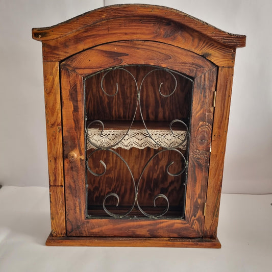 Antique Rustic Wood Wall Cabinet with Iron Door: Farmhouse Kitchen Storage