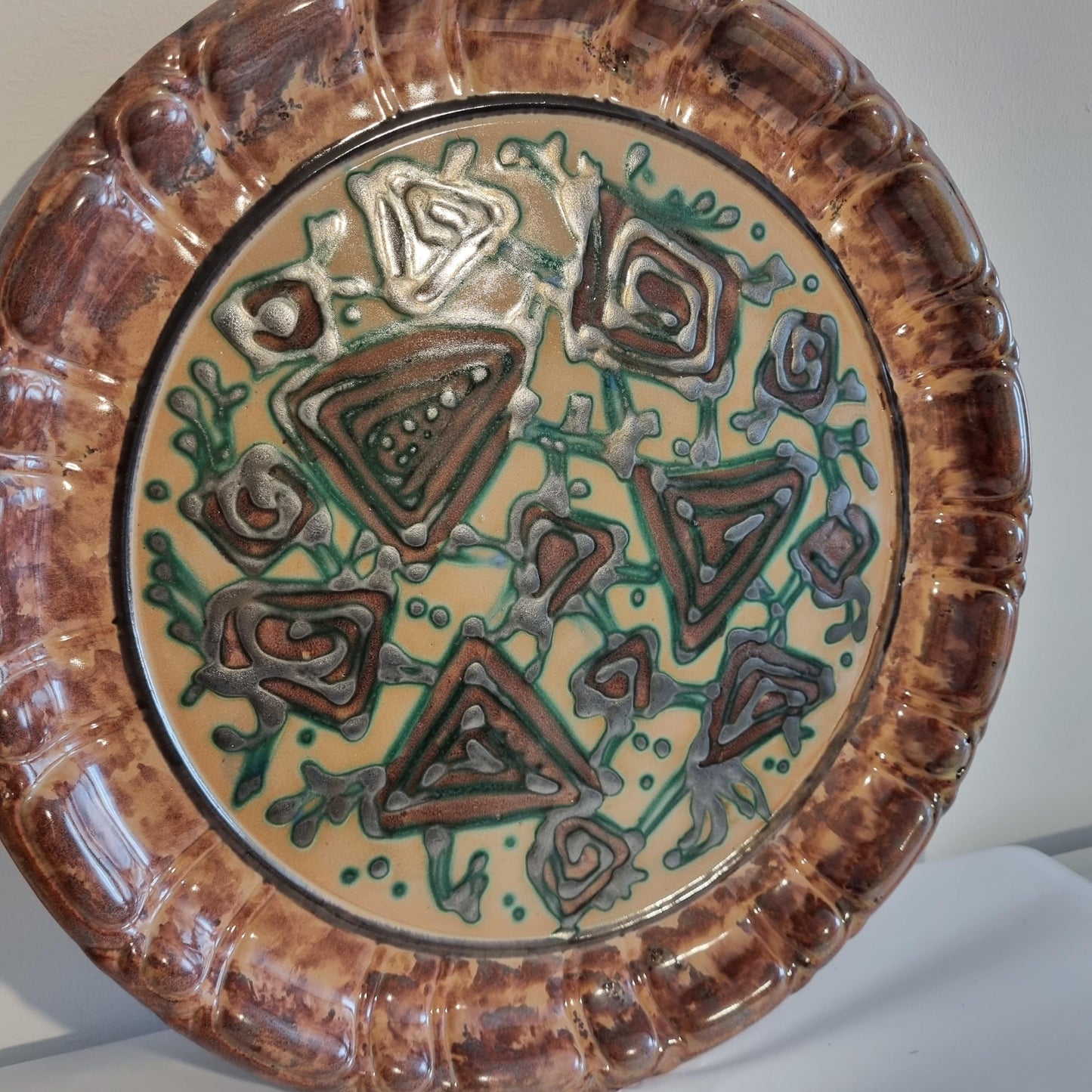 Vintage Swedish Gabriel Keramik Wall Plaque “1936” – Abstract Green & Brown Relief Design with textured ceramic surface and earthy tones