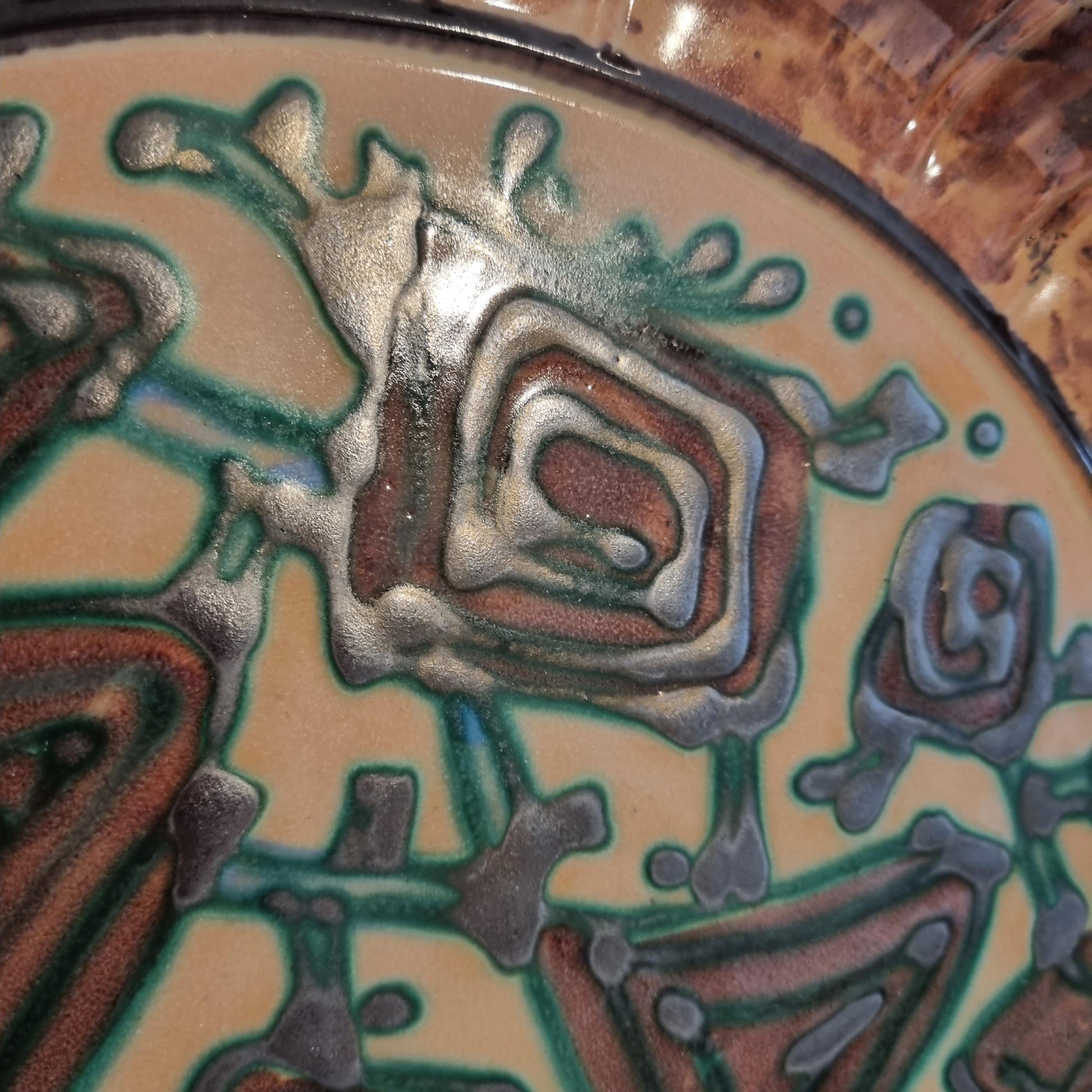 Vintage Swedish Gabriel Keramik Wall Plaque “1936” – Abstract Green & Brown Relief Design with textured ceramic surface