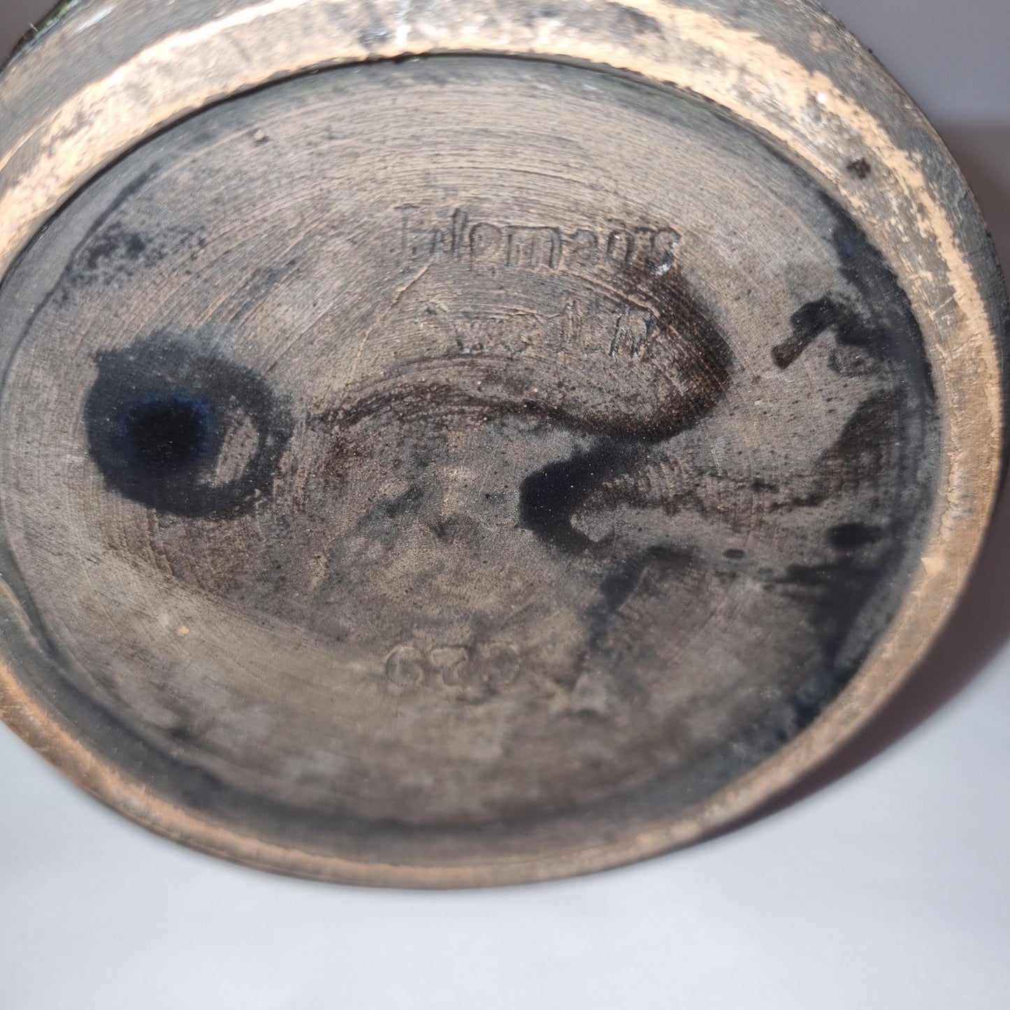 Bottom view of Vintage Brutalist Ceramic Vase – Mid Century Modern Studio Pottery with Textured Glaze showing markings and texture