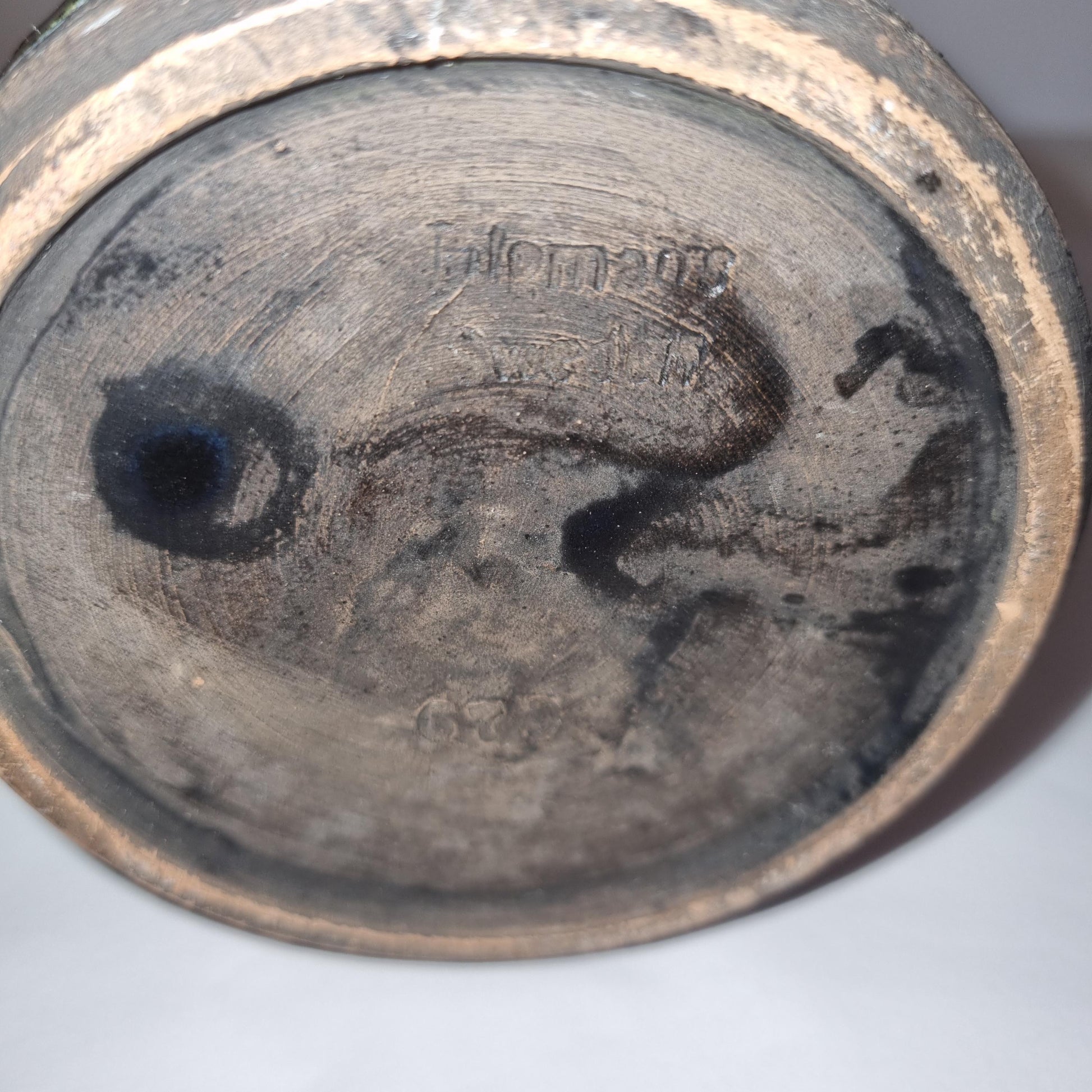 Bottom view of Vintage Brutalist Ceramic Vase – Mid Century Modern Studio Pottery with Textured Glaze showing markings and texture