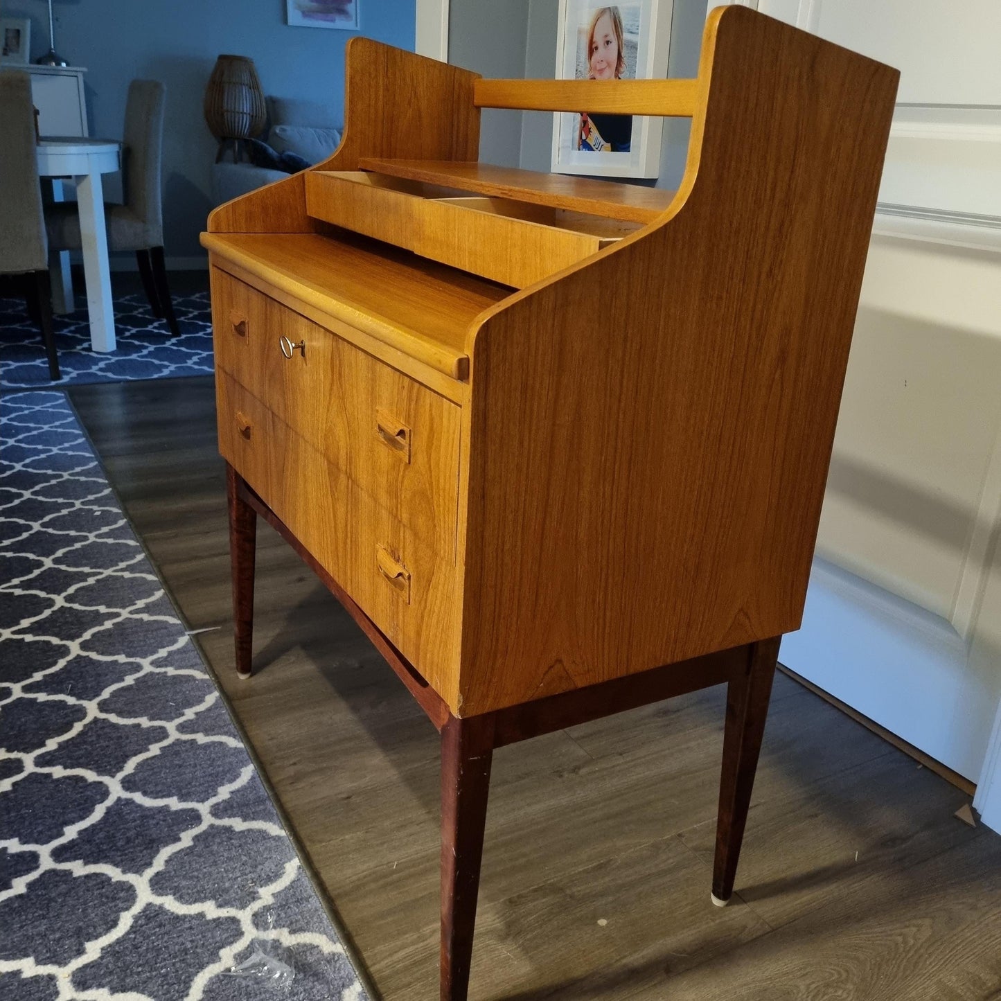 Mid-Century Modern Teak Sideboard Bar Cabinet – Arne Wahl Iversen Scandinavian Design with slender legs and smooth wood finish