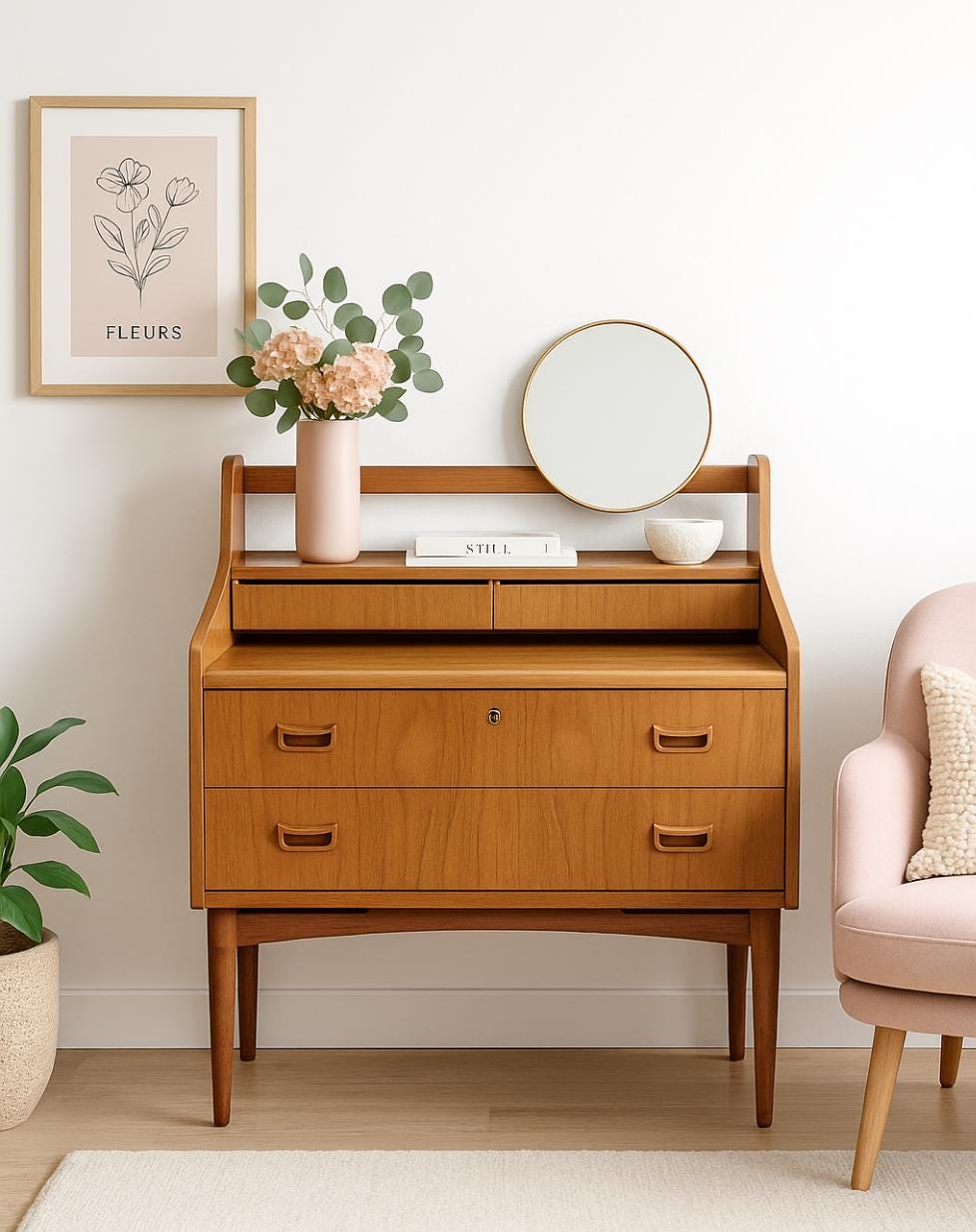 Mid-Century Modern Teak Sideboard Bar Cabinet – Arne Wahl Iversen Scandinavian Design styled with flower vase and round mirror
