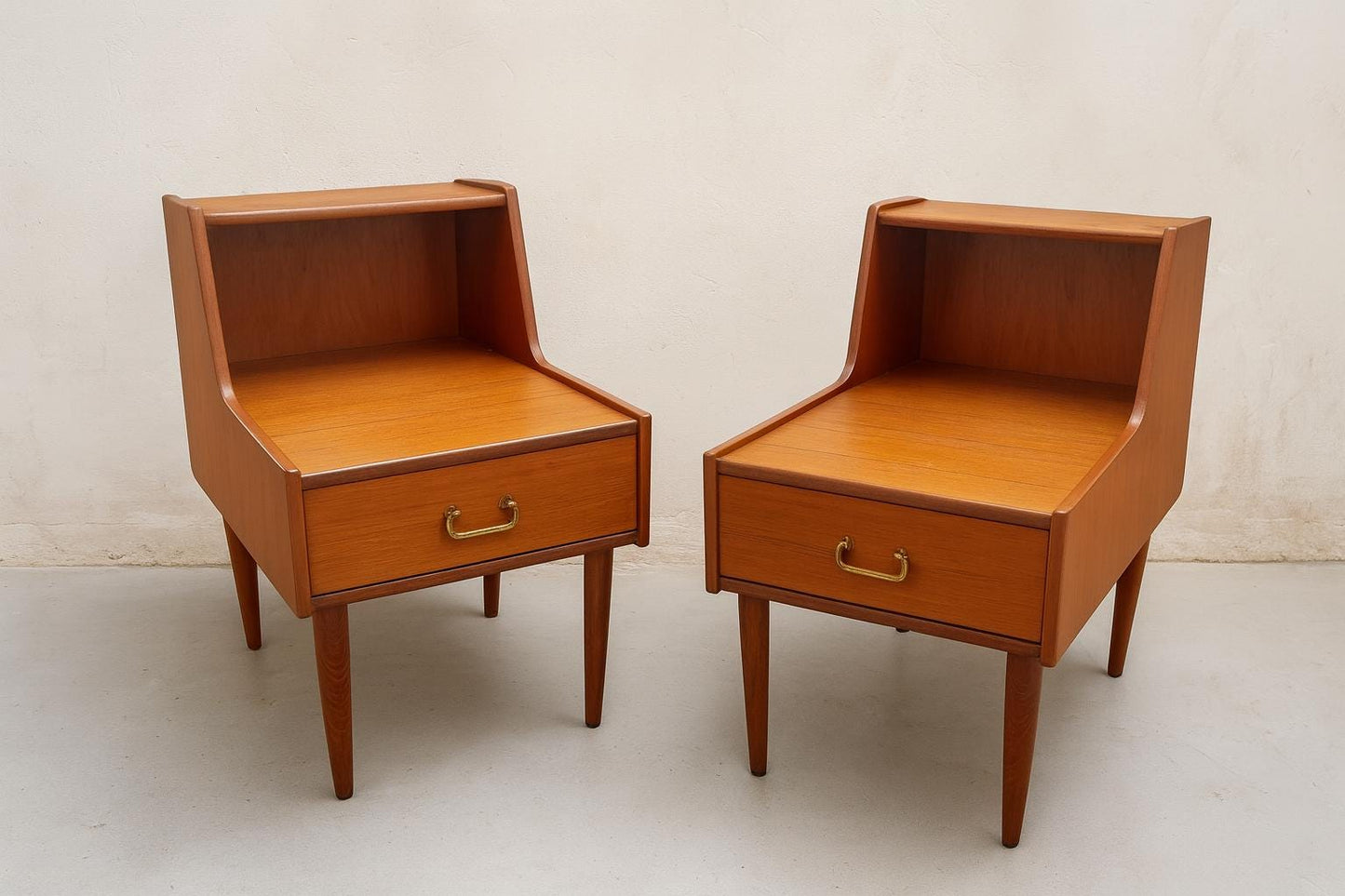Scandinavian Teak Nightstands with Double Top – Set of 2, 1965, vintage mid-century modern teak furniture pieces.