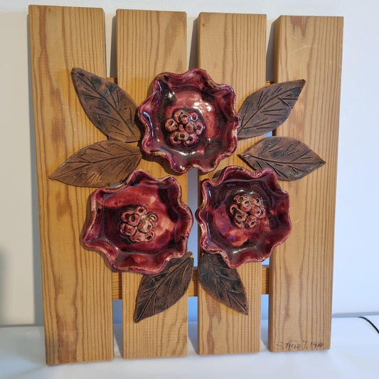 Swedish Wall Hanging Ceramic and Wood Floral Art – Signed Vintage Home Decor