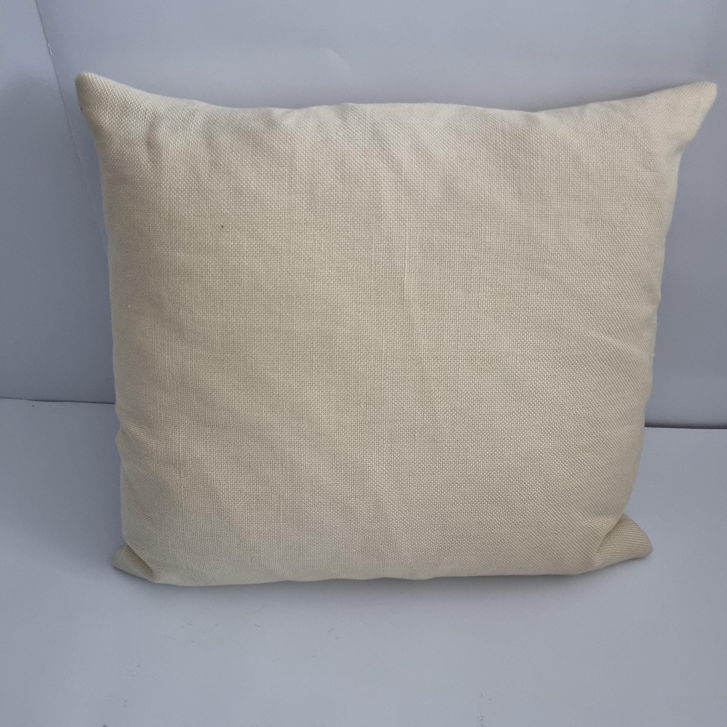 Vintage Hand Embroidered Needlepoint Pillow: Romantic Garden Scene showing plain beige fabric backing side of cushion.